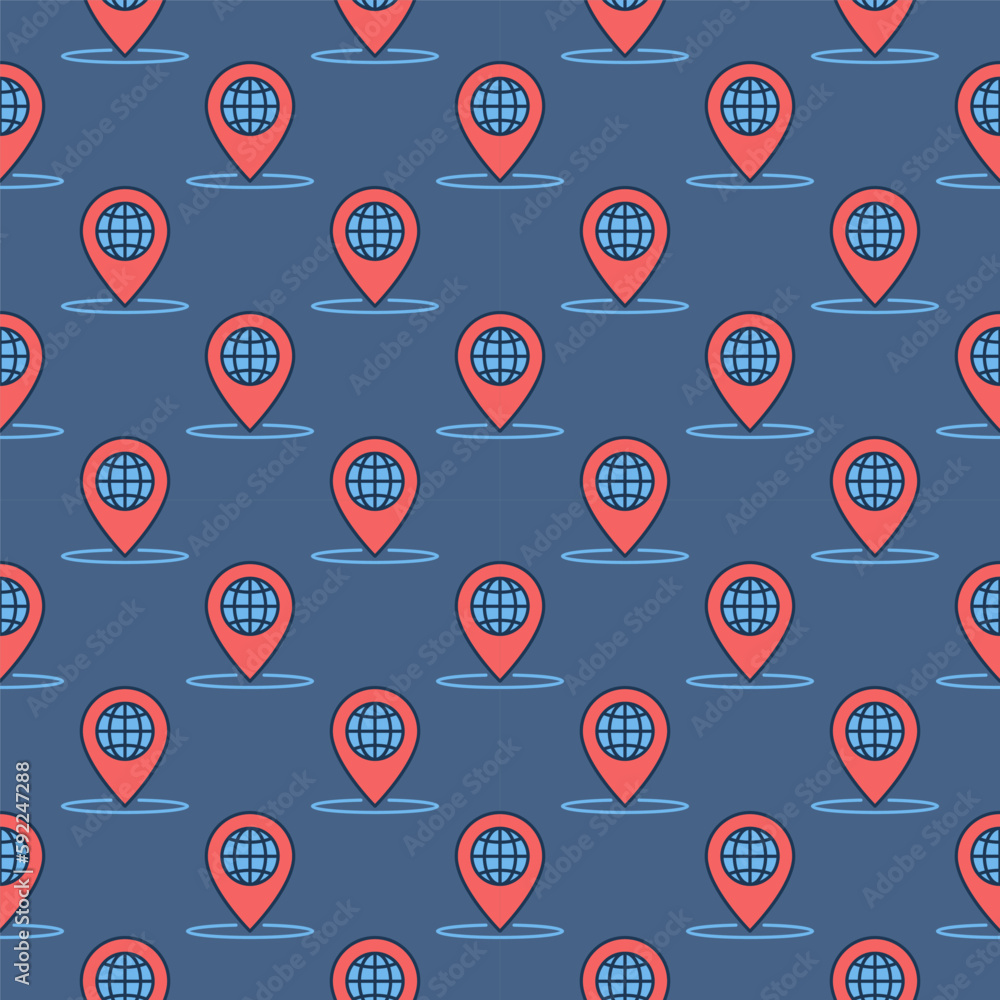 Poster geo pin with globe inside vector colored seamless pattern