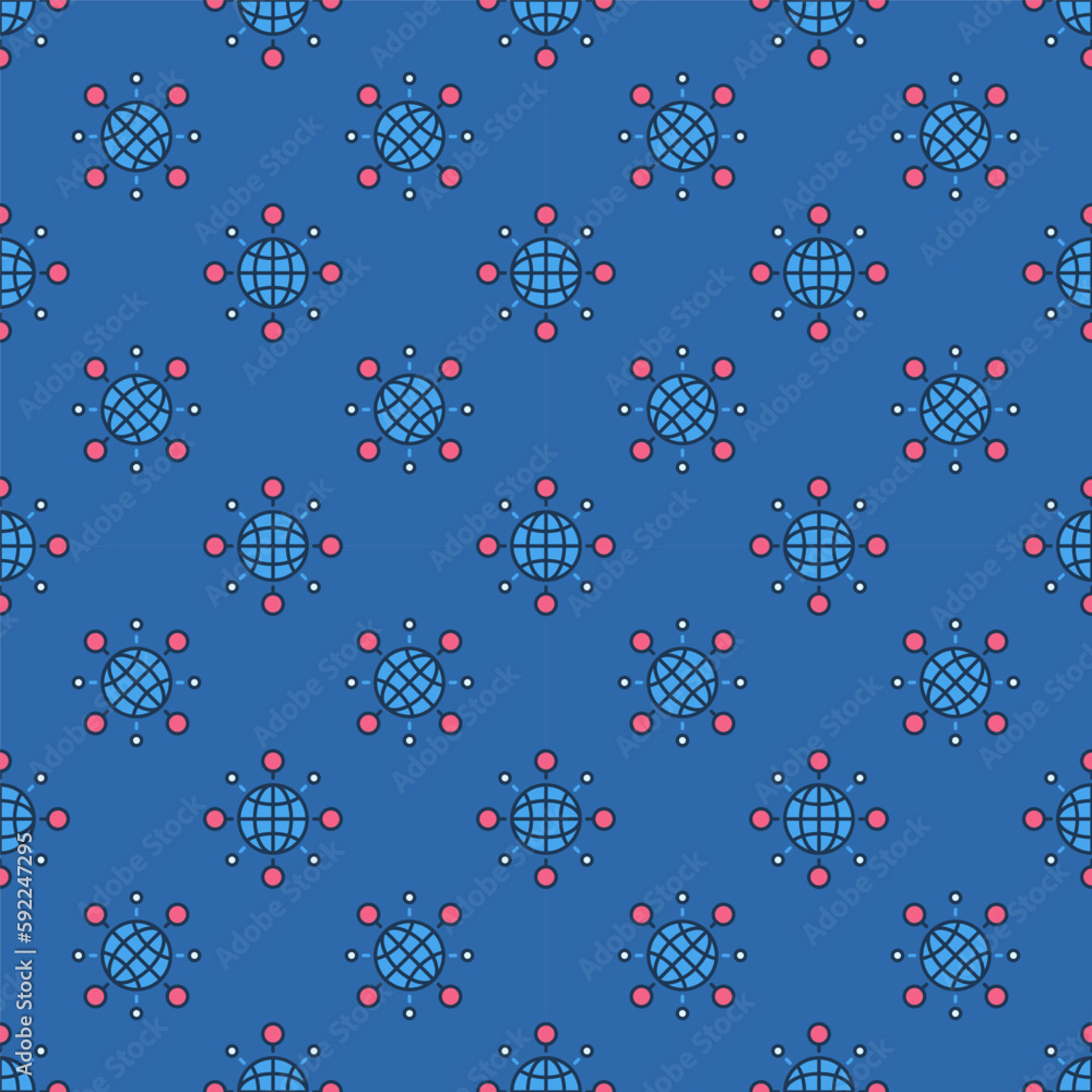 Poster globe and circles around vector colored seamless pattern