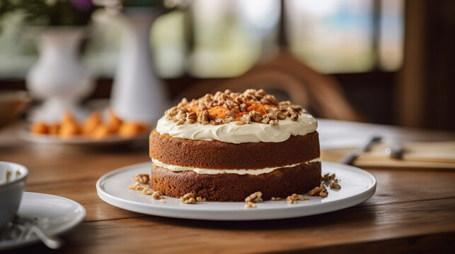 Carrot Cake: A moist, spiced cake filled with shredded carrots and pecans. Generative AI image.