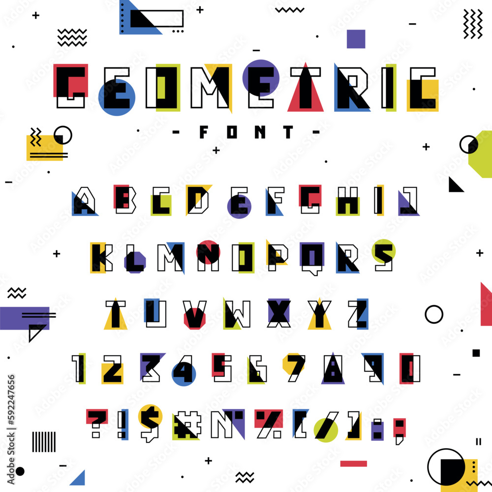Poster geometric font with alphabet letters consist of shapes and figures vector set
