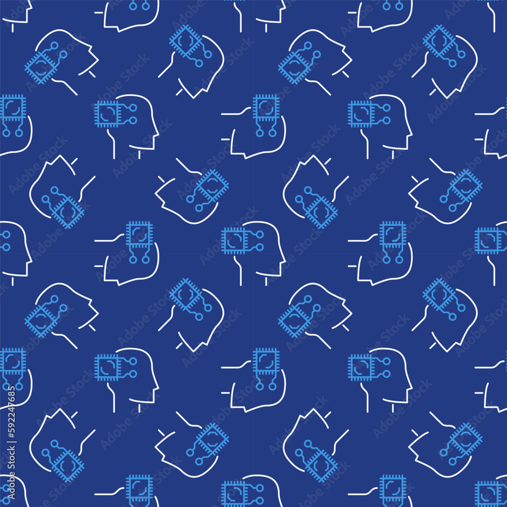 Poster human head with ai chip or cpu vector blue line seamless pattern
