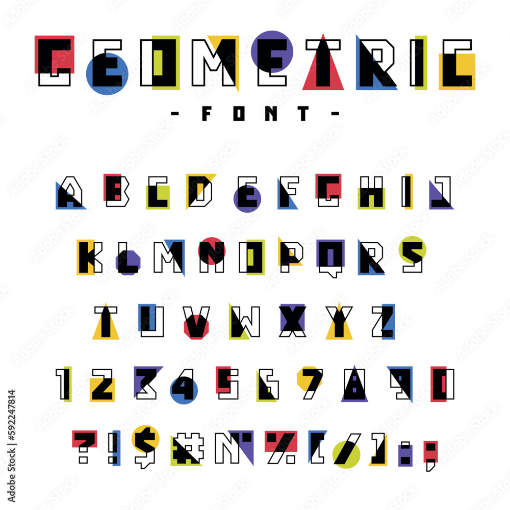 Poster geometric font with alphabet letters consist of shapes and figures vector set