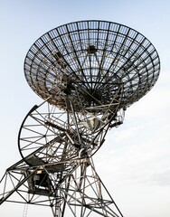 Vertical shot of a radio telescope dish on a field