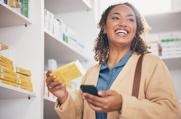 Pharmacy, phone or happy woman with medicine, pills or medication products in retail drugstore....