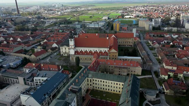Drone is flying over the beautiful city of Trnava, St John the Baptist Cathedral