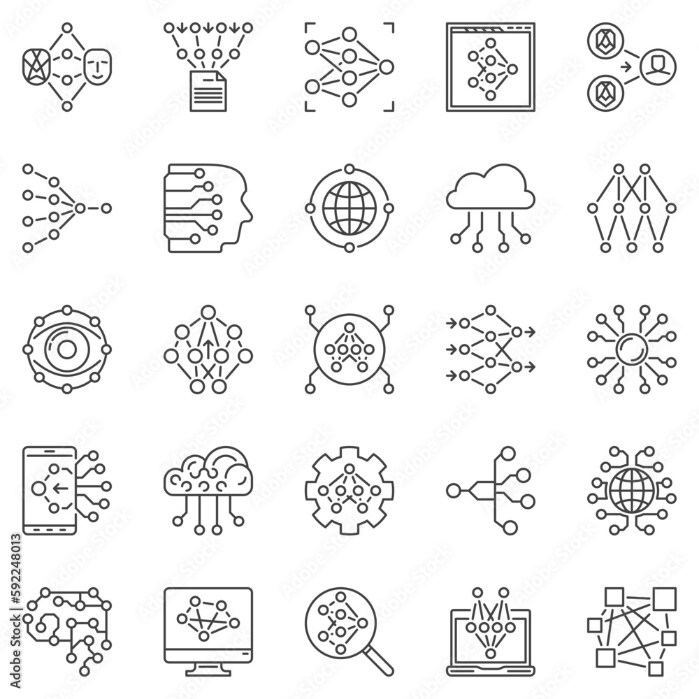 Poster neural network outline icons set - artificial intelligence vector line symbols