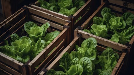 beautiful close up photo of a lot of salad leaves in wooden box in harvest season, idea for organic farm product concept, Generative Ai