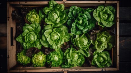 beautiful close up photo of a lot of salad leaves in wooden box in harvest season, idea for organic farm product concept, Generative Ai