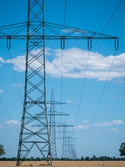 Vertical shot of a line of transmission towers in a field in the countryside under a cloudy sky