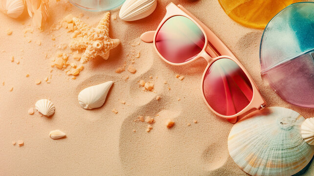 Vibrant stylish pink sunglasses on the sand. Summer vacation concept background. Created with generative Ai