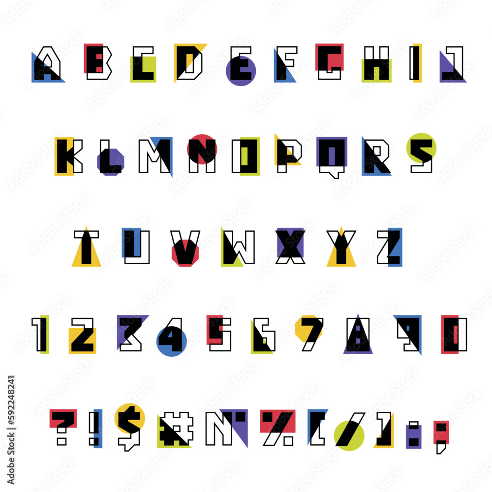Poster geometric font with alphabet letters consist of shapes and figures vector set