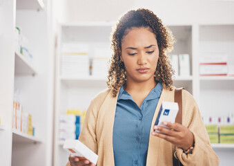 Pharmacy, confused woman or customer with medicine or healthcare products or medication in...