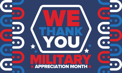 National Military Appreciation Month in May. Annual Armed Forces Celebration Month in United States. Patriotic american elements. Poster, card, banner and background. Vector illustration