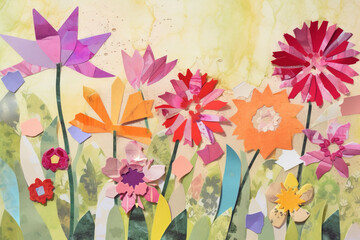 Spring flowers torn paper collage gift card. Digitally generated AI image
