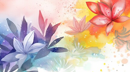 Fototapeta na wymiar watercolor flora abstract background, leaves and flower with watercolor texture background, Generative Ai