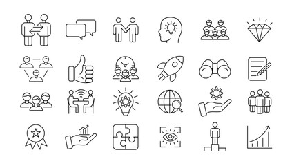 Fototapeta na wymiar Teamwork line icons set. Businessman outline icons collection. Work group and human resources. Business teamwork, human resources, meeting, partnership, meeting, work group, success - stock vector.