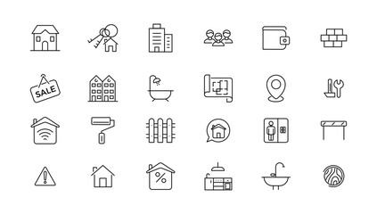  Real Estate minimal thin line web icon set. Included the icons as realty, property, mortgage, home loan and more. Outline icons collection. Simple vector illustration .