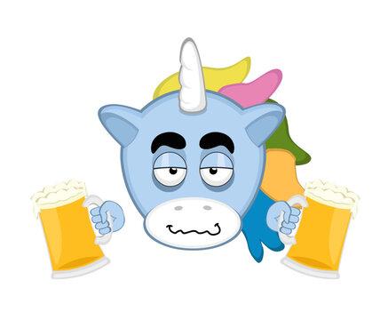 vector illustration face of a drunk cartoon unicorn with beers in his hands