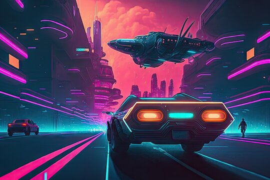 neon night city crossing above futuristic hovercar traffic, created with generative ai
