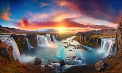 beautiful big waterfall scenic panorama landscape with sunlight flare at sunset time, gorgeous breathtaking nature landscape background wallpaper, Generative Ai