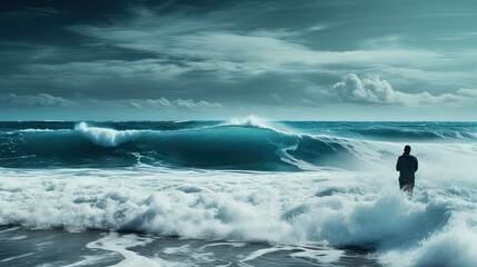 beautiful seascape in black cloud storm with a man at shore, Generative Ai	
