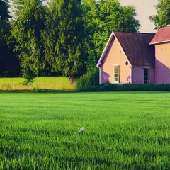 Obraz premium Modern house with green grass field