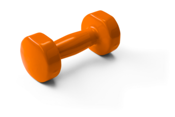 An orange dumbbell lies on a white matte surface. Isolated with shadow on a transparent background. Selective focus.