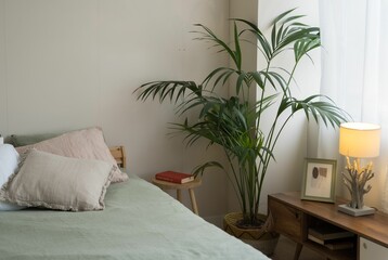 Inside view of bedroom with indoor plant and lampshade