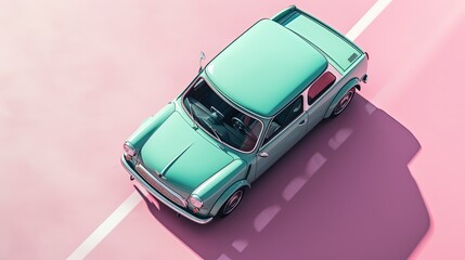 top view of a cute vintage blue car on pink and blue road, Generative Ai