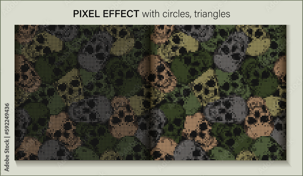 Poster green khaki camouflage patterns with human skulls. pixel efffect. dense random chaotic composition. 