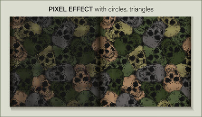 Green khaki camouflage patterns with human skulls. PIXEL efffect. Dense random chaotic composition. Good for apparel, fabric, textile, sport goods.