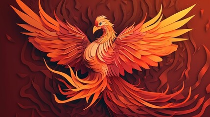Fototapeta premium paper craft illustration of orange fire bird phoenix, Generative Ai