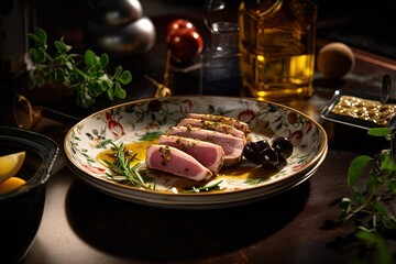 Fototapeta na wymiar close up grilled white tuna premium fine dining, Generative Ai