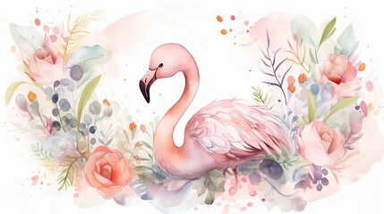 Naklejka premium watercolor style illustration of happy flamingo in flower blossom garden, idea for home wall decor, kid room, Generative Ai