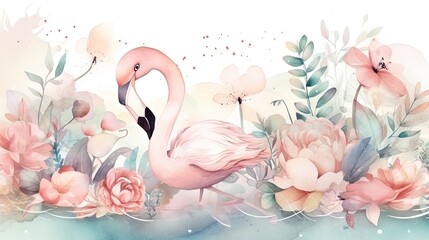 watercolor style illustration of happy flamingo in flower blossom garden, idea for home wall decor, kid room, Generative Ai
