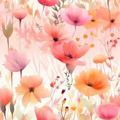 watercolor illustration seamless pattern of poppy wildflower field, Generative Ai