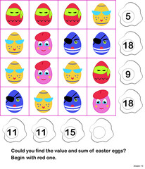 Sum box mathematics for children with easter eggs characters flat vector illustration. Find a value of each egg.