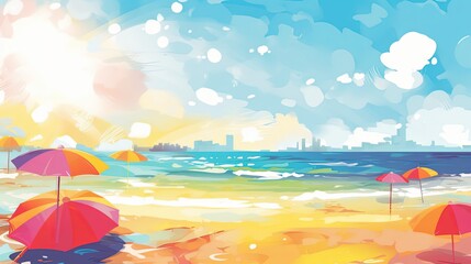 painting illustration style of beautiful white beach blue water seascape paradise bay on tropical island, idea for summer travel background wallpaper, Generative Ai