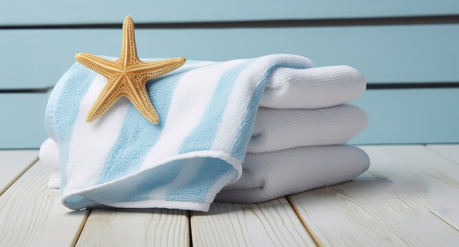 summer spa theme, starfish with towel, idea for comfortable with summer season and tropical beach atmosphere background, Generative Ai