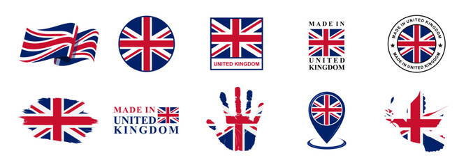 United Kingdom national flags icon set. Labels with United Kingdom flags. Vector illustration - obrazy, fototapety, plakaty