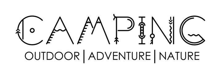 Camping logo. Traveling template poster, t-shirt vector illustration. Camp icon badge design with mountains, coniferous trees. Hand drawn lettering typography text. Camping traveling logo for print.