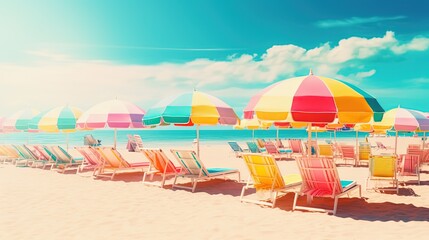 colorful parasol and beach bed with blue sky and white beach, seascape paradise holiday, Generative Ai