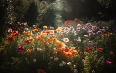 Photo Flower Garden illuminated by the sun for your design, AI