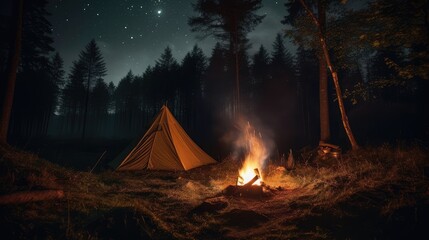 Tent and campfire at night in the forest, hiking, recreation, stars, photography, AI