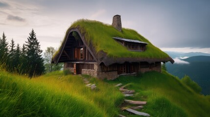 A house in the mountains with a grass roof, photos, AI