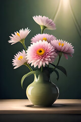 Beautiful colorful daisies in a vase. Green background with cinematic lightning. Created using generative AI.