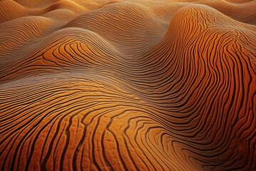 A close up of a desert landscape with lines like sand, rocks and mountains. AI generation