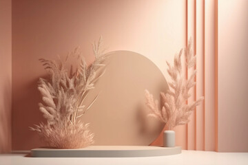 A pink wall with a round mirror and a white table with a round mirror on it. AI generation