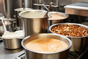 Processing nuts into vegan sauces and cheeses A kitchen counter with pots of food including a bowl of peanut butter and a bowl of nuts. AI generation
