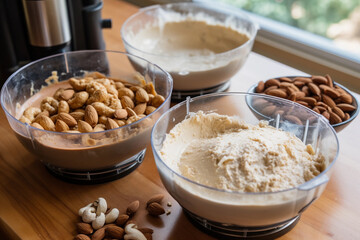A table with bowls of almonds and nuts on it AI generation